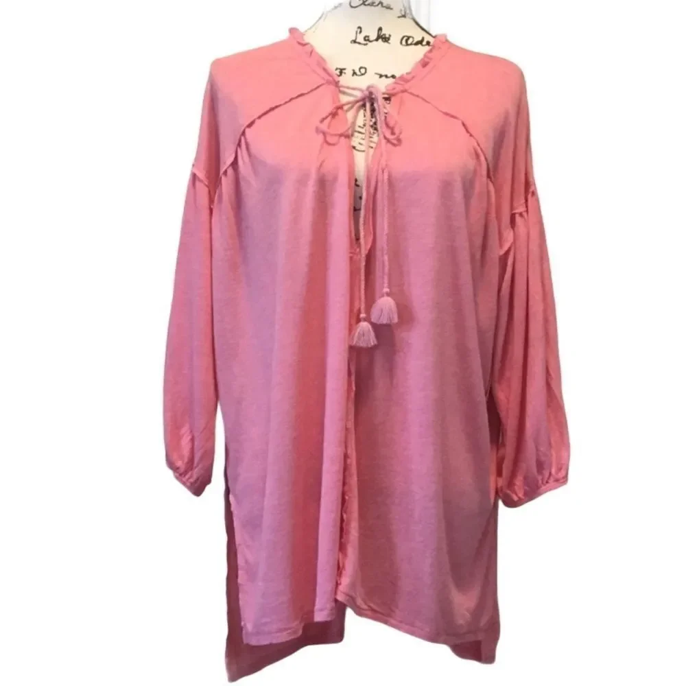 Free People Just A Henley Tunic Pink Linen Blend Oversized Boho Blouse M NWT